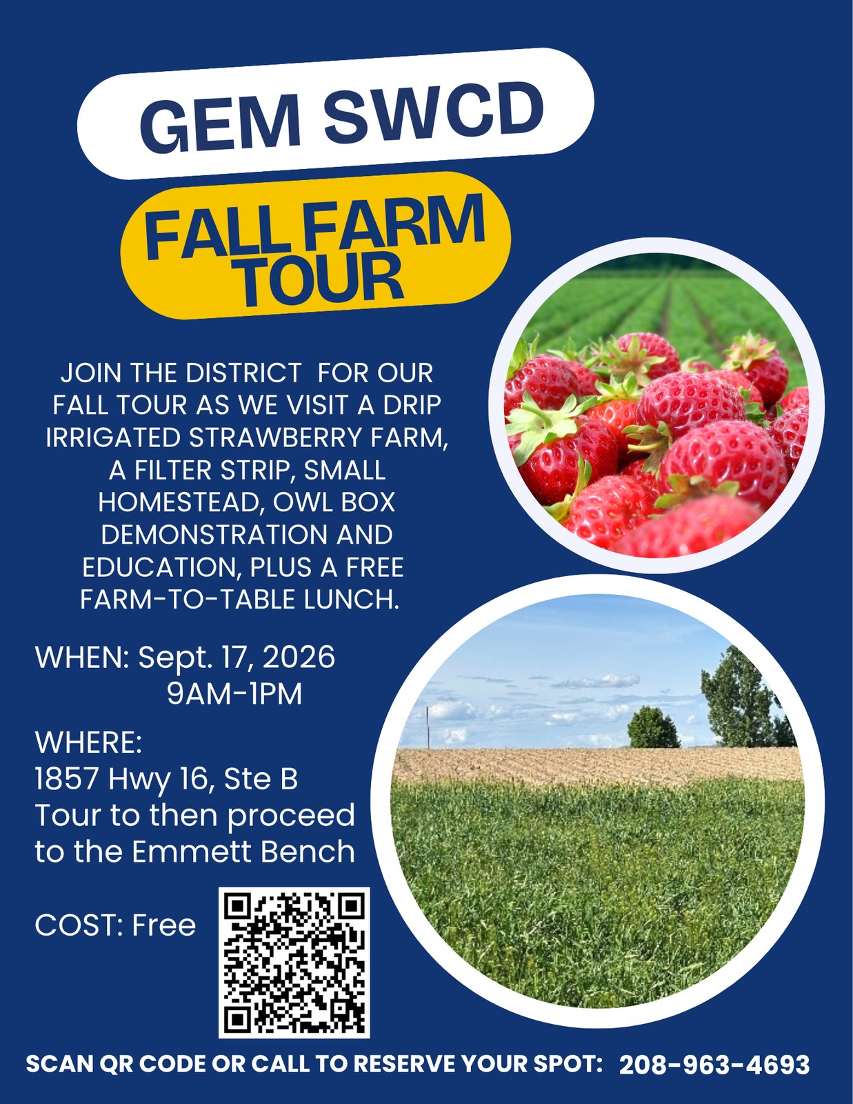 Gem SWCD Fall Farm Tour flyer: September 17, 2026, 9 AM to 1 PM, free, meeting at 1857 Hwy 16, Ste B in Emmett