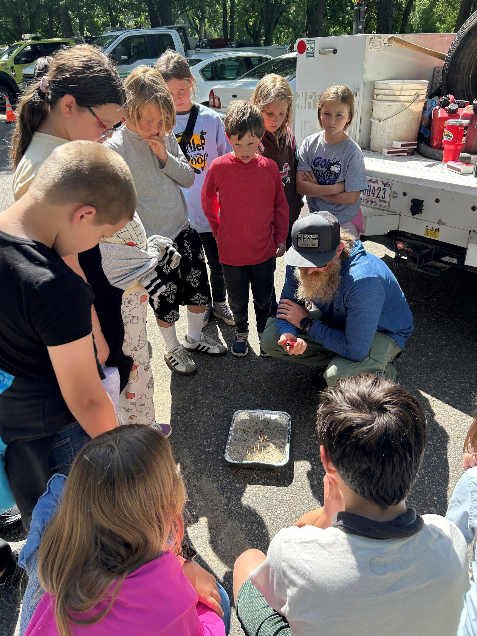 A fire education demonstration for students at outdoor school