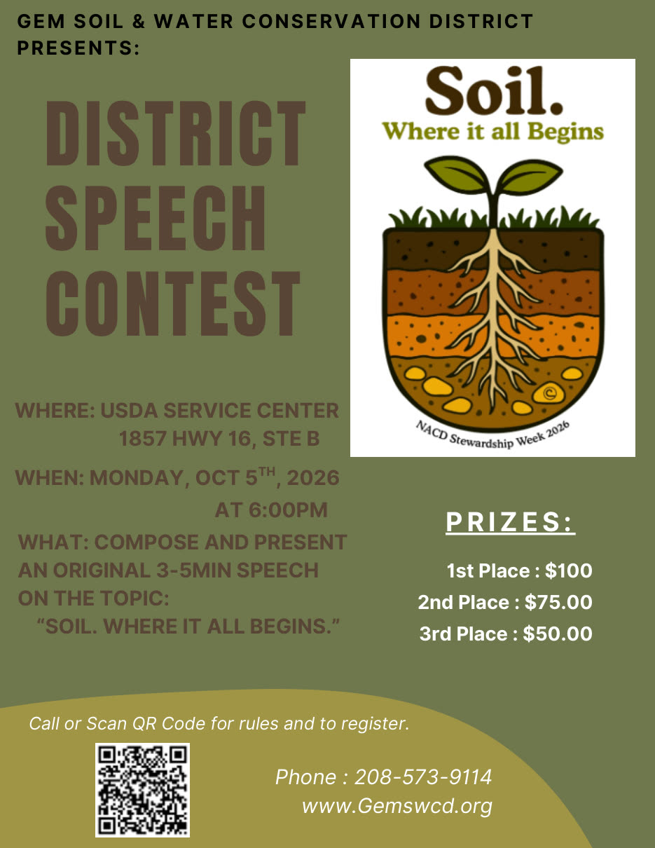 Gem SWCD District Speech Contest flyer: Monday, October 5, 2026 at 6 PM, USDA Service Center, 1857 Hwy 16, Ste B in Emmett. Topic: Soil. Where It All Begins.